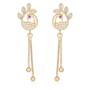 Nilu's Collection Rose Gold Long Earrings, American Diamond Studded Lightweight Drop Earrings for Women and Girls